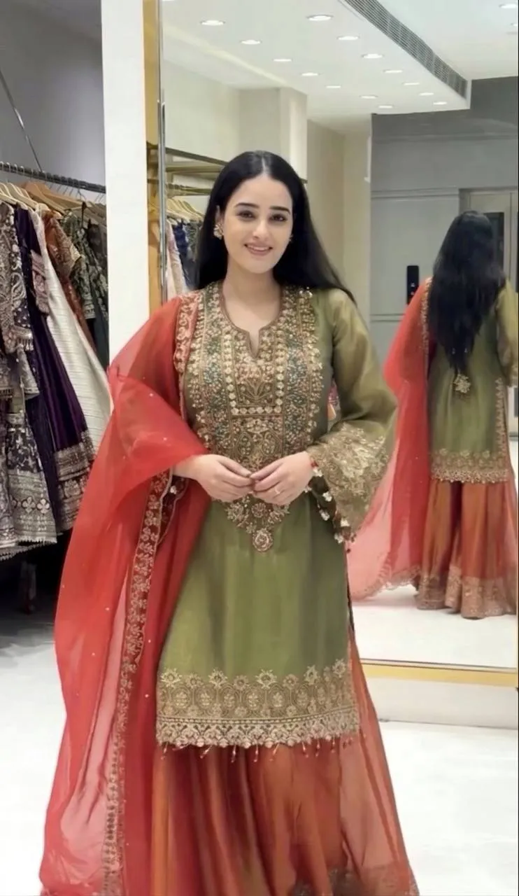 Sabina 539 Roman Glass Silk Embroidery Party Wear Sharara Suit for woman