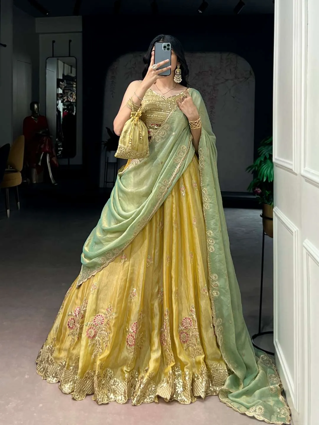 WMN 1466 Designer Yellow Moss Silk Embroidered Lehenga Choli with Dupatta for Wedding & Festive Wear