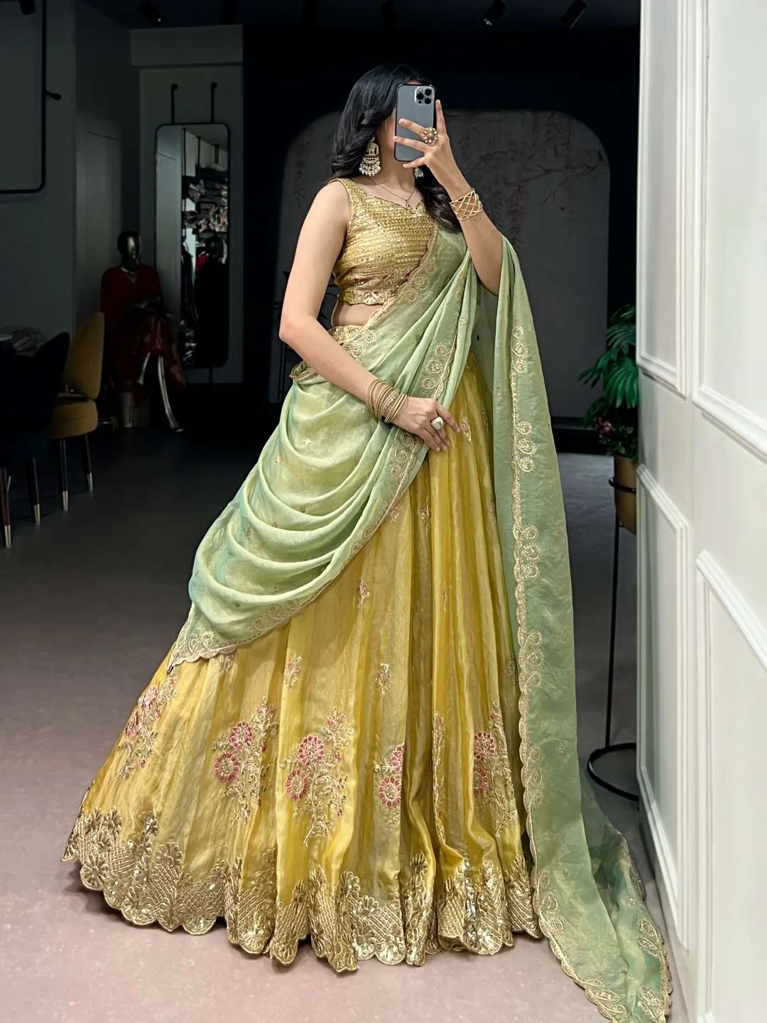WMN 1466 Designer Yellow Moss Silk Embroidered Lehenga Choli with Dupatta for Wedding & Festive Wear