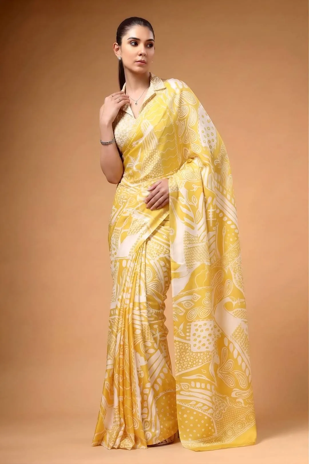 WMN 7002 Yellow Satin Silk Printed Party Wear Saree for Women – Designer Soft Silk Festive Saree
