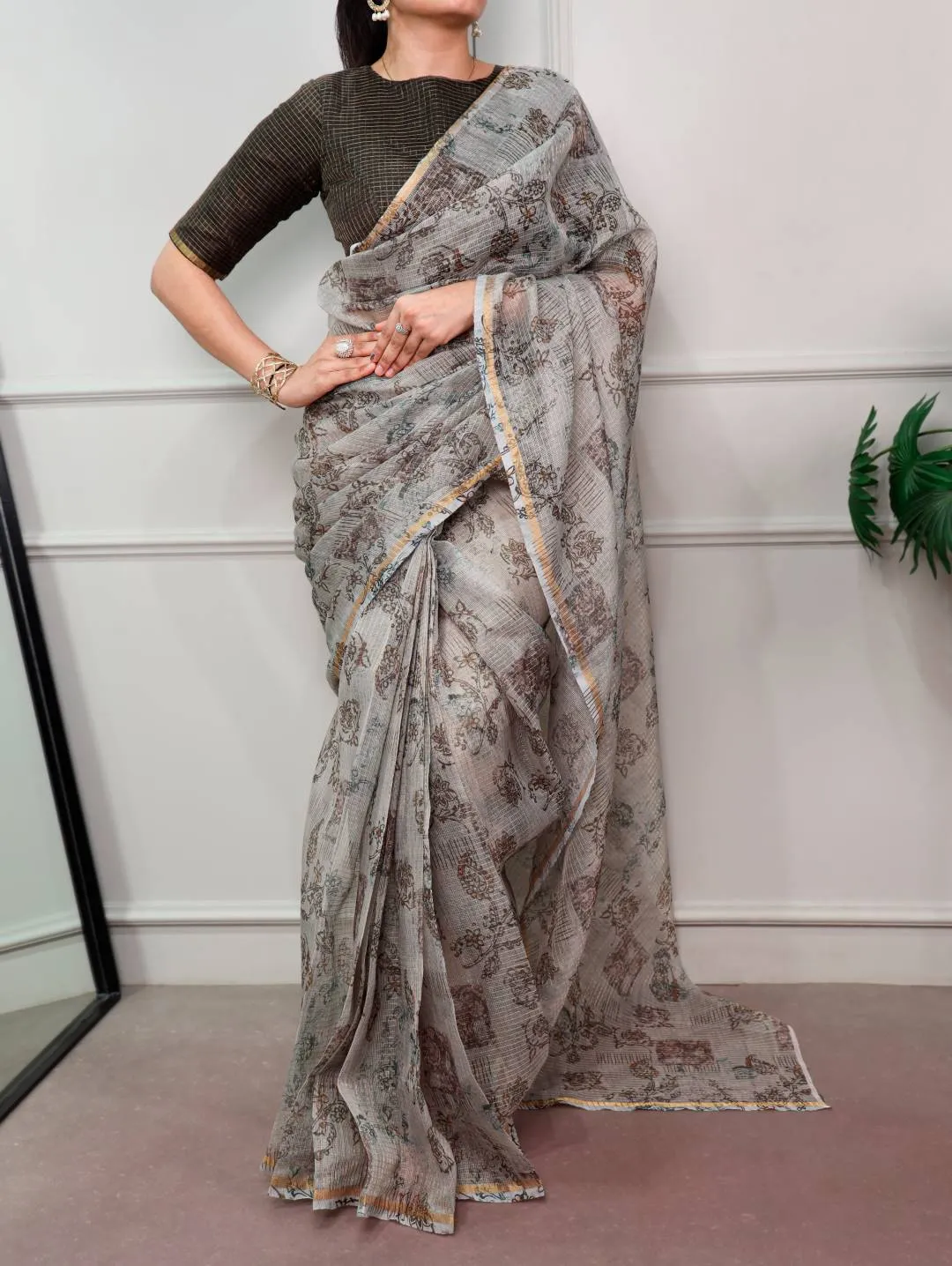 WMN 7066 Elegant Kota Doria Floral Printed Saree for Women – Lightweight Daily Wear Saree