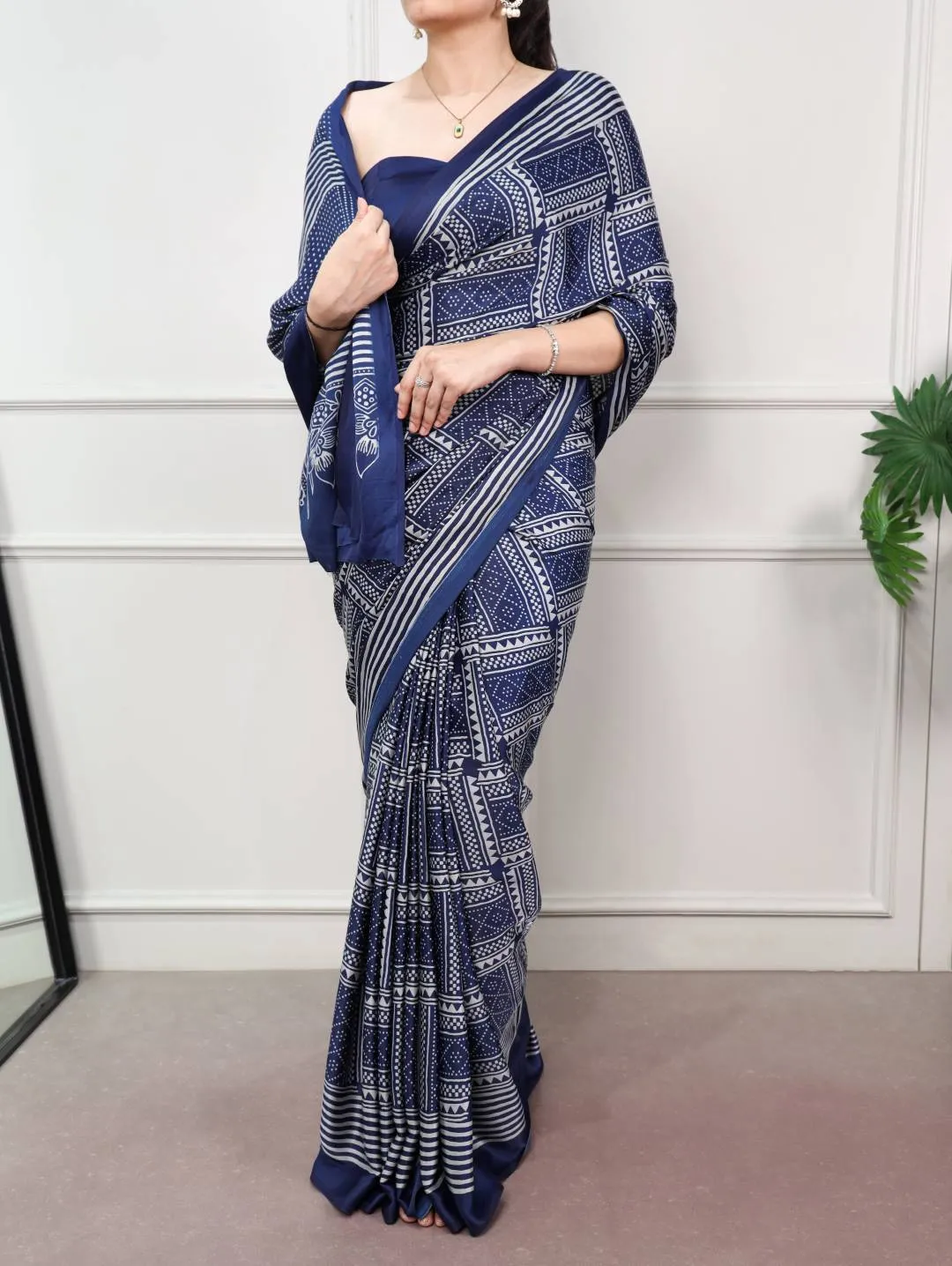 WMN 7215 Designer Navy Blue Satin Silk Printed Festival Saree for Women