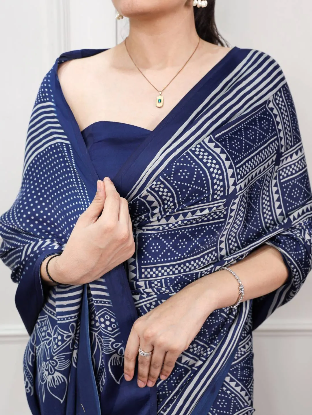 WMN 7215 Designer Navy Blue Satin Silk Printed Festival Saree for Women