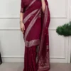 WMN 7901 Wine Mysore Crepe Silk Saree with Rich Zari Border for Wedding & Festival Wear