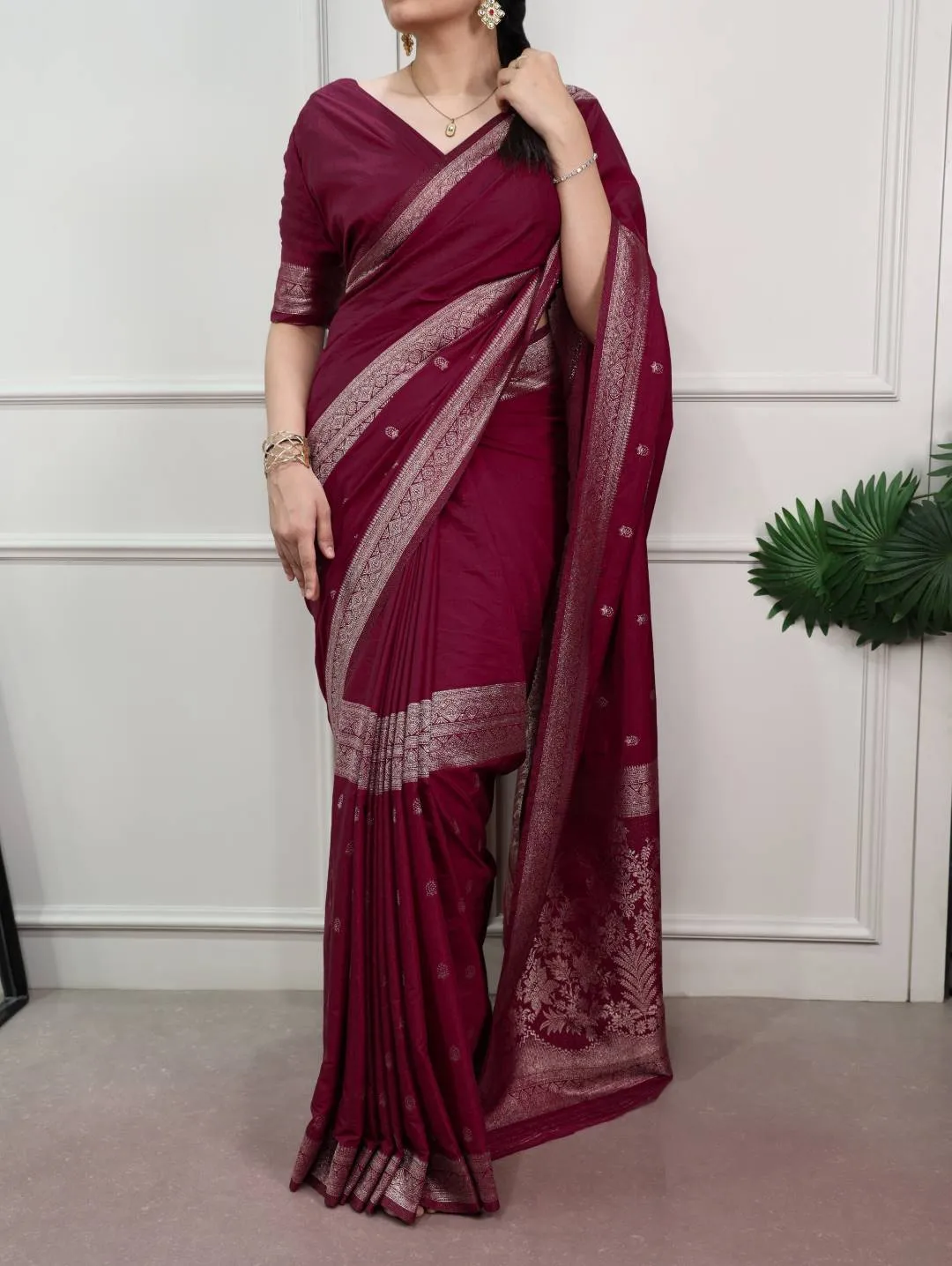 WMN 7901 Wine Mysore Crepe Silk Saree with Rich Zari Border for Wedding & Festival Wear