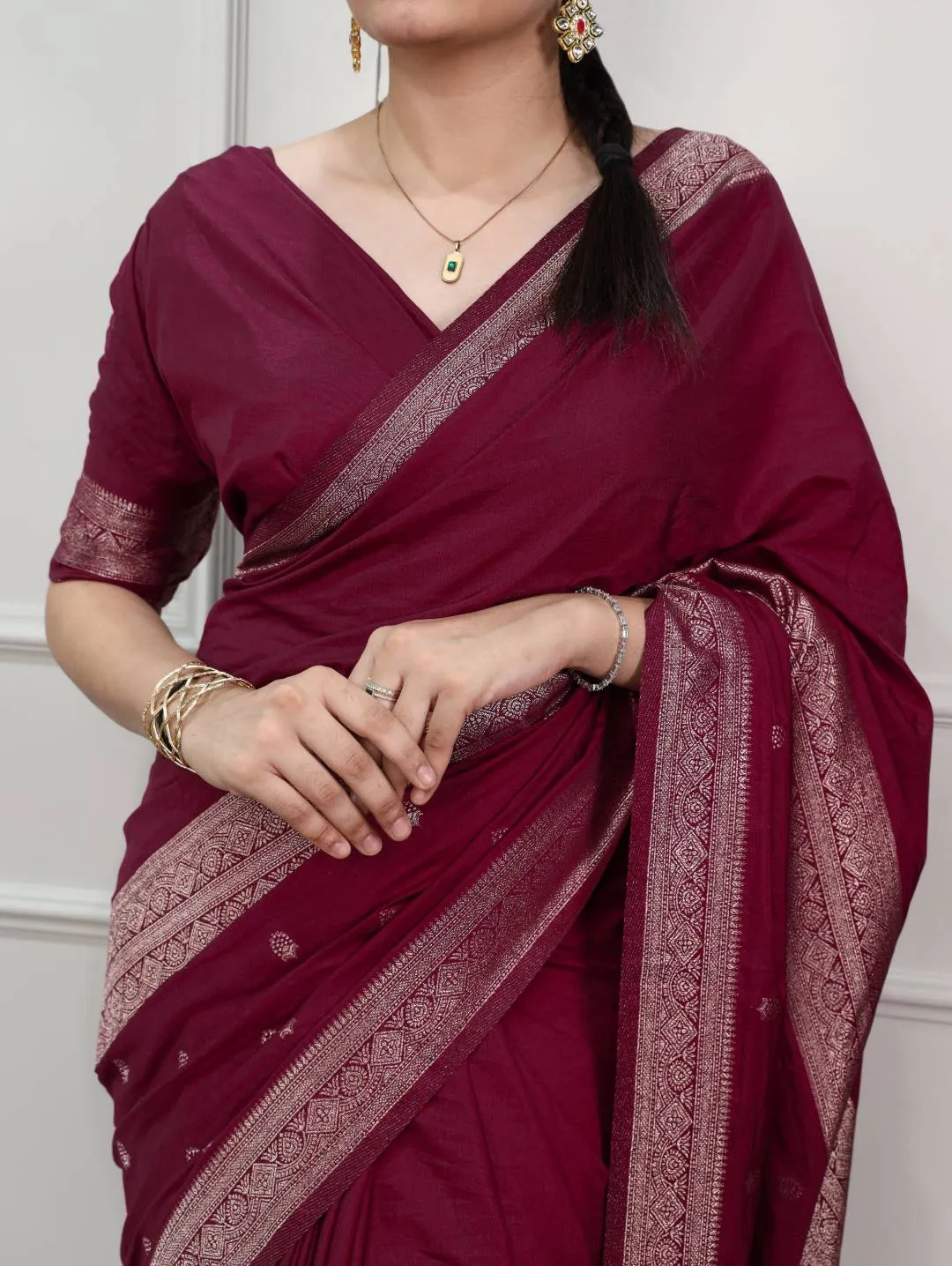 WMN 7901 Wine Mysore Crepe Silk Saree with Rich Zari Border for Wedding & Festival Wear