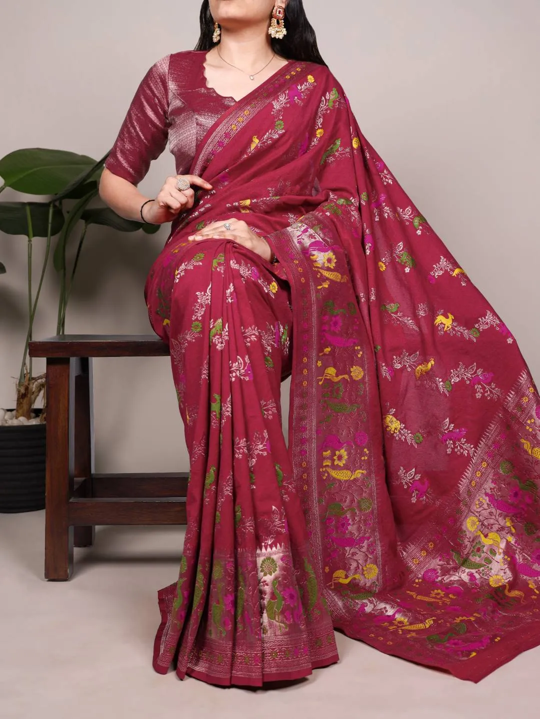 WMN 7907 Designer Wine Naylon Dyeable Weaving Work Saree for Wedding & Festive Wear