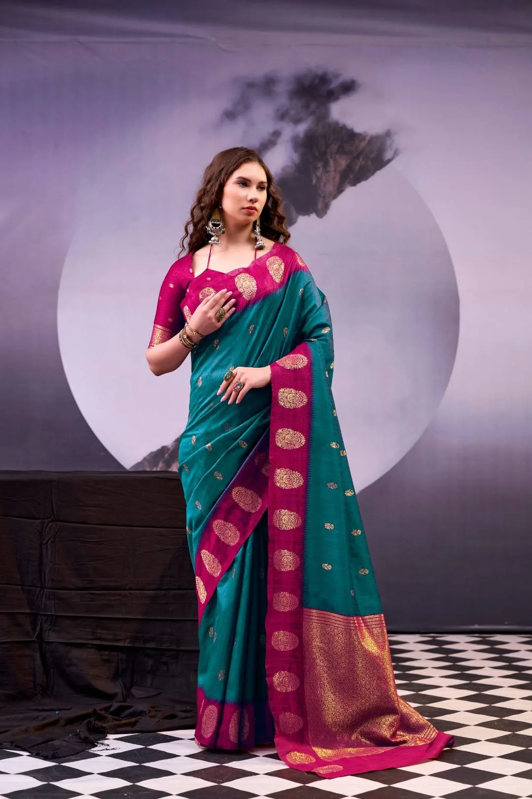WMN 8002 Designer Teal Green Poly Cotton Kalindi Zari Weaving Saree for Wedding & Festive Wear
