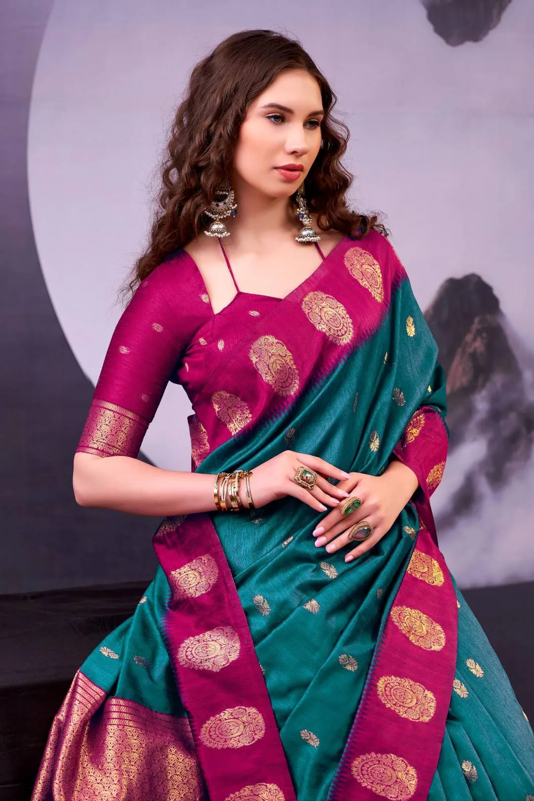 WMN 8002 Designer Teal Green Poly Cotton Kalindi Zari Weaving Saree for Wedding & Festive Wear