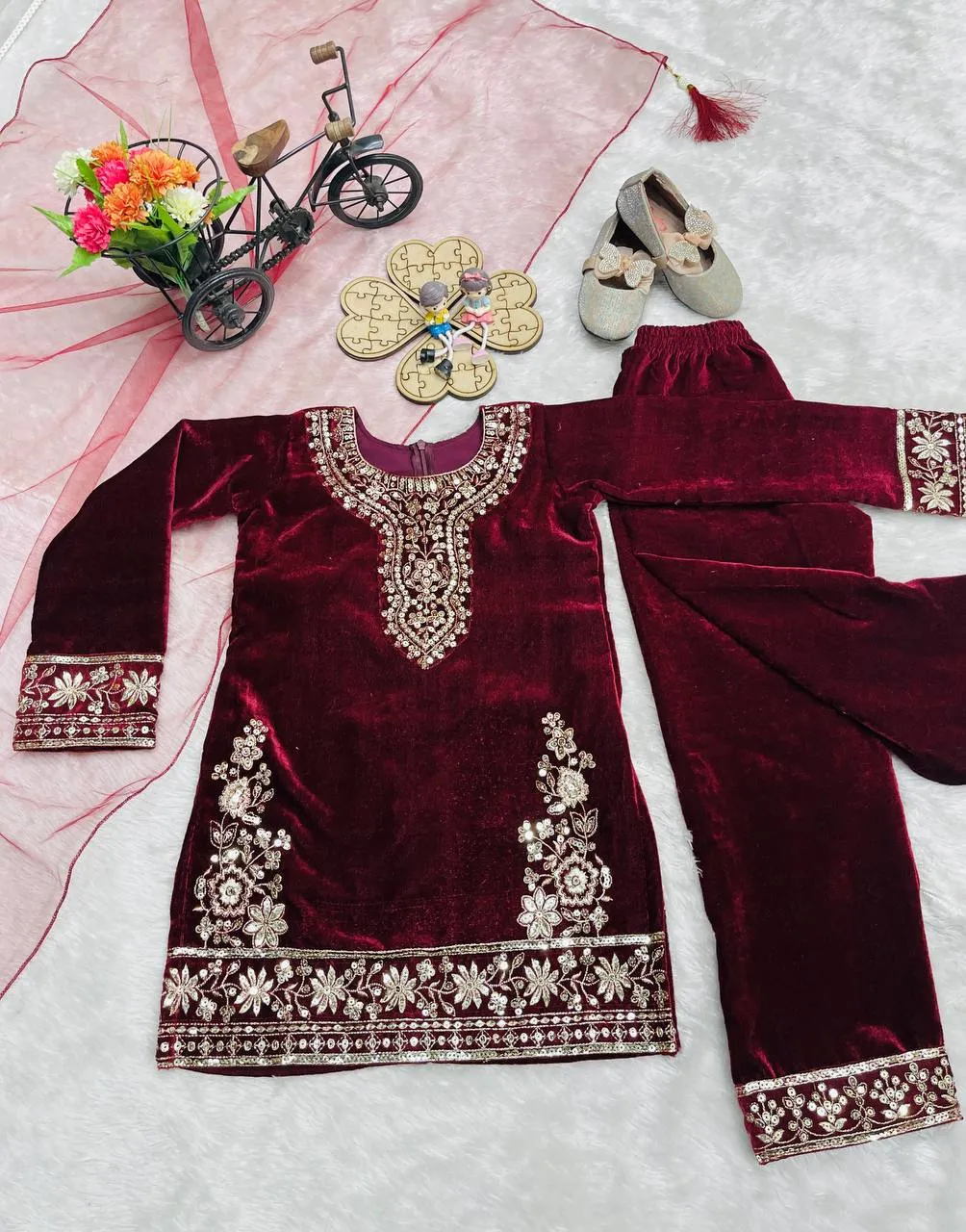 Maroon Velvet Girls Salwar Suit with Dupatta | Baby 237 Kids Embroidered Party Wear Dress