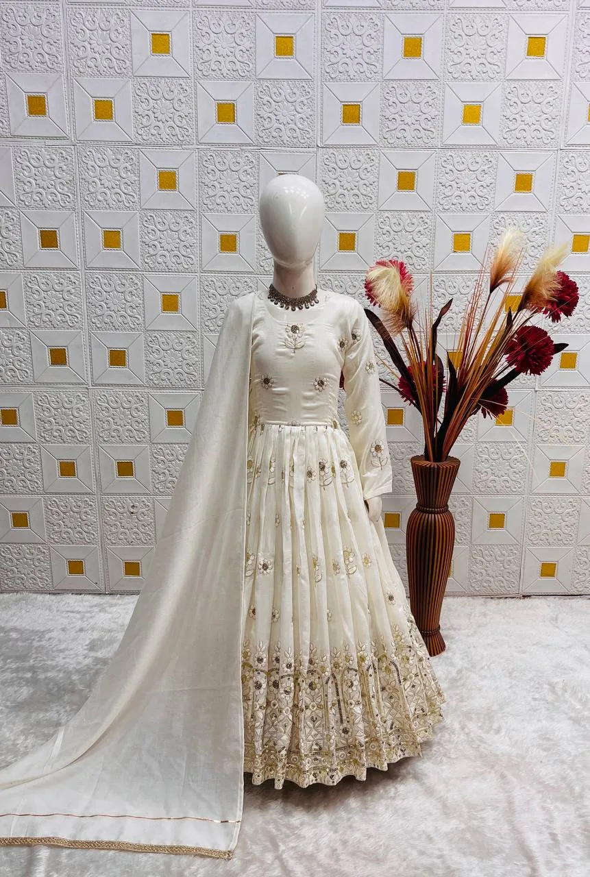 White Embroidered Girls Anarkali Gown with Dupatta | Baby 239 Kids Party Wear Designer Gown