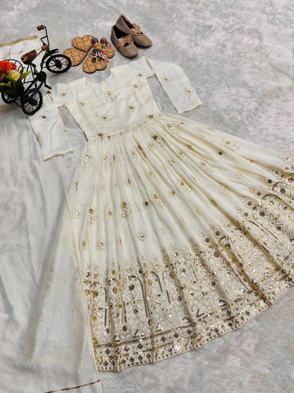 White Embroidered Girls Anarkali Gown with Dupatta | Baby 239 Kids Party Wear Designer Gown