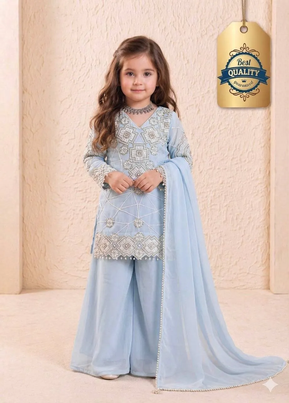 Sky Blue Georgette Embroidered Girls Palazzo Suit with Dupatta | Baby 247 Kids Party Wear Dress