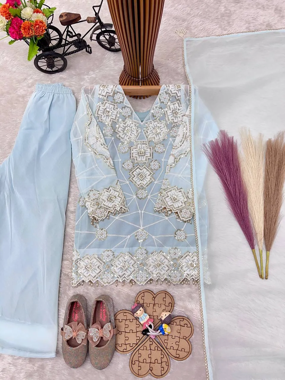 Sky Blue Georgette Embroidered Girls Palazzo Suit with Dupatta | Baby 247 Kids Party Wear Dress