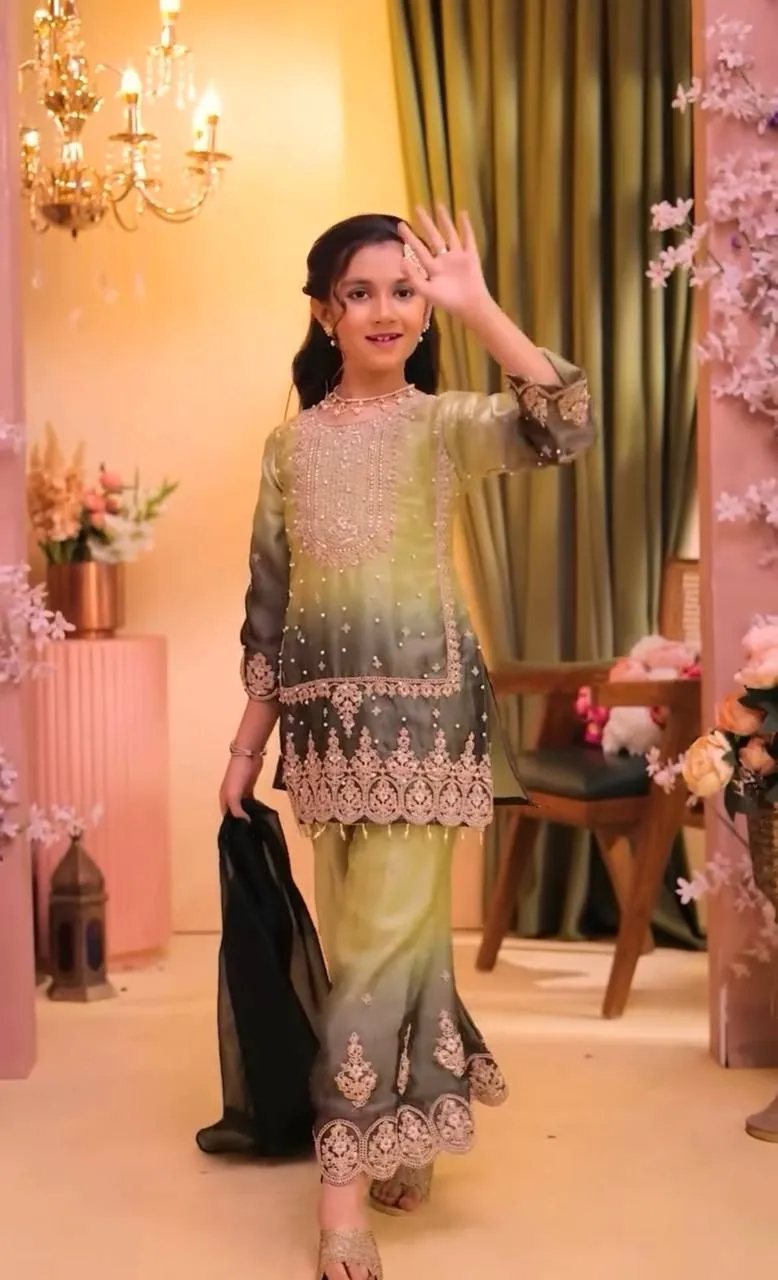 Green Ombre Embroidered Girls Sharara Suit with Dupatta | Baby 250 Kids Party Wear Ethnic Set