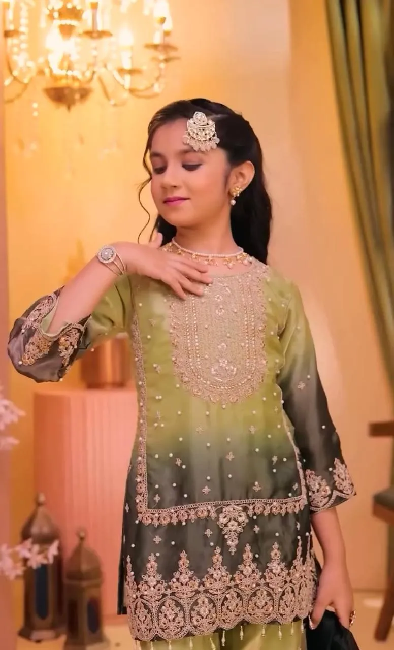 Green Ombre Embroidered Girls Sharara Suit with Dupatta | Baby 250 Kids Party Wear Ethnic Set