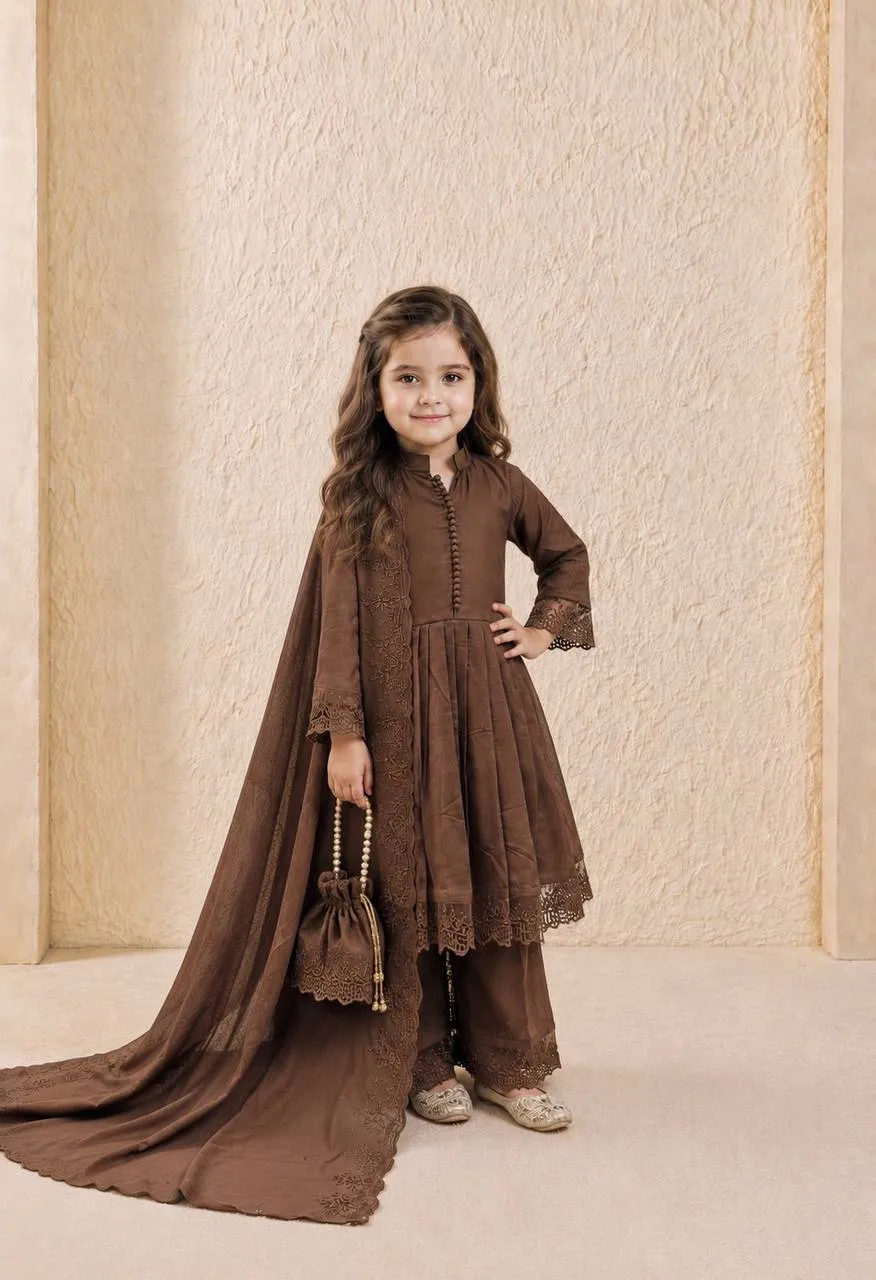 Brown Roman Silk Embroidery Gown Sharara Dupatta Set for Girls | Baby 251 Kids Ethnic Wear