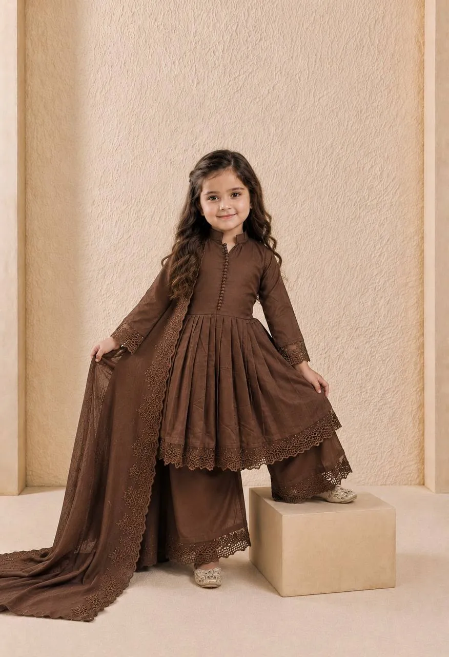 Brown Roman Silk Embroidery Gown Sharara Dupatta Set for Girls | Baby 251 Kids Ethnic Wear
