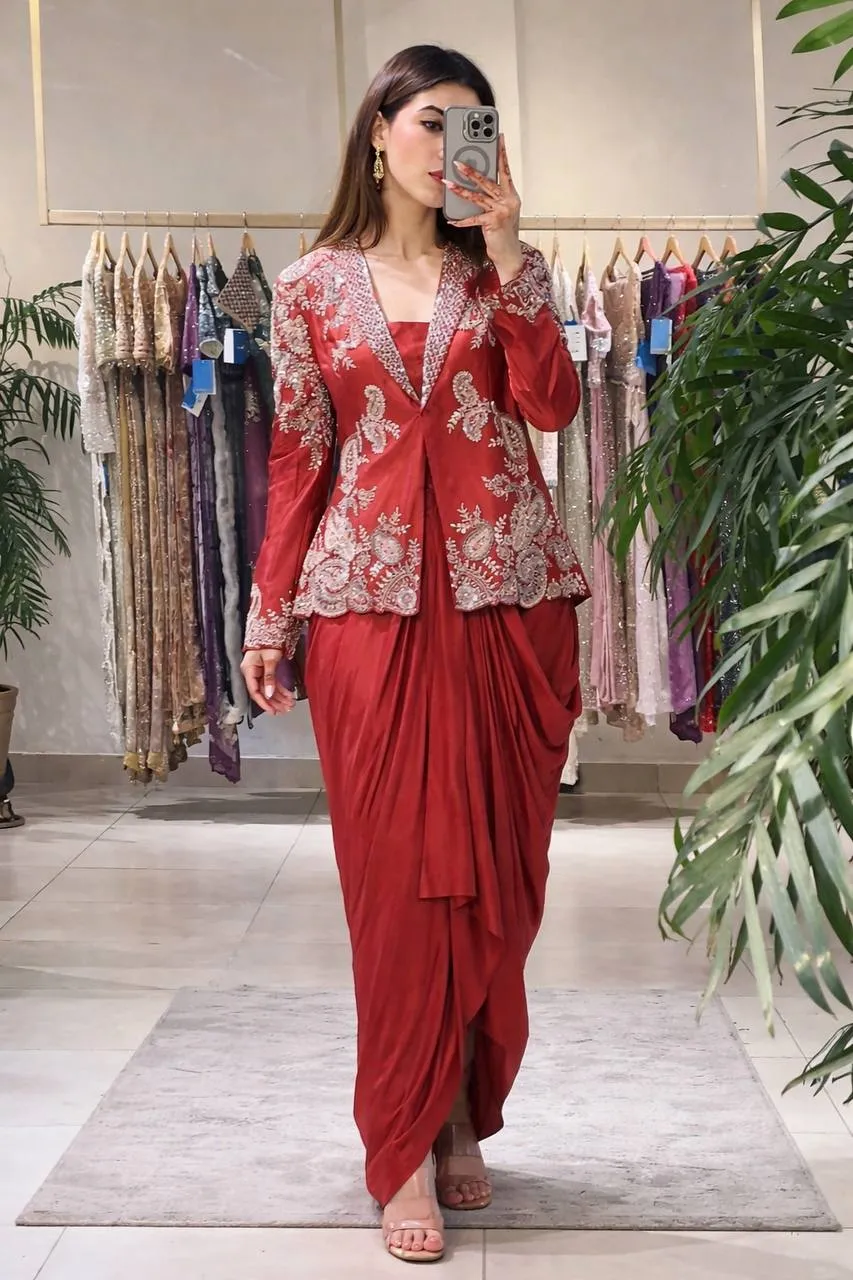 BDB 61 Red Indo Western Dhoti Saree with Designer Embroidered Jacket for Women