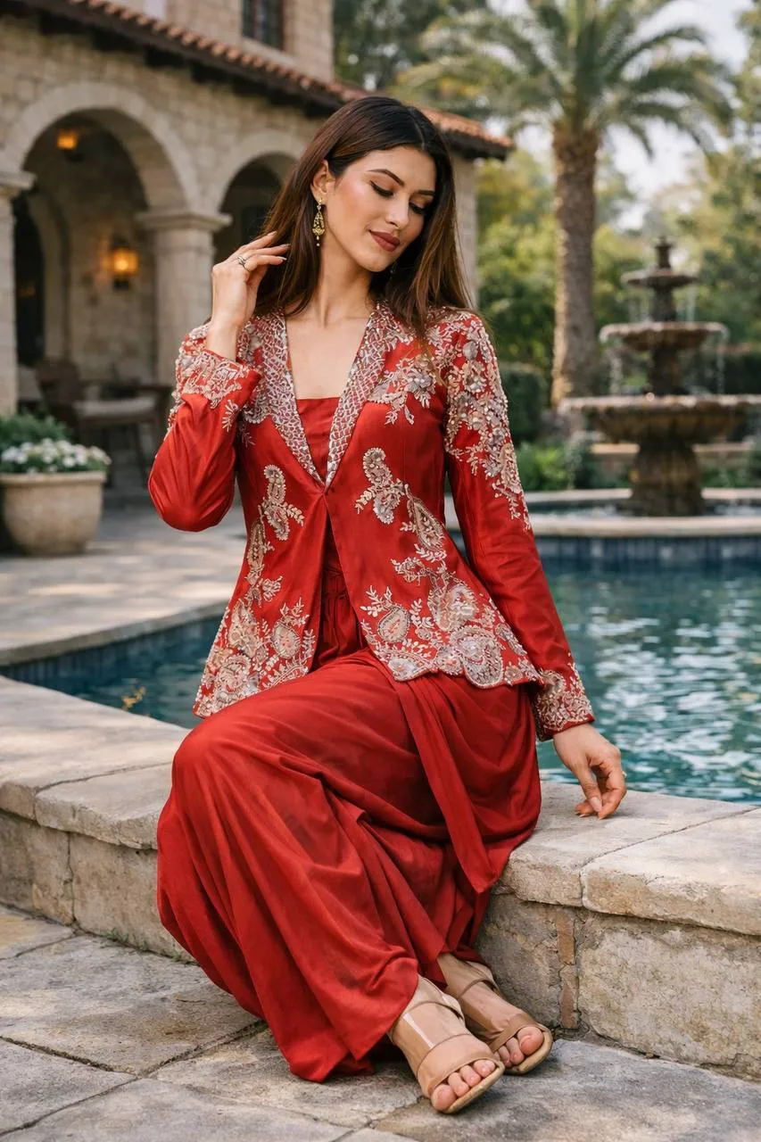 BDB 61 Red Indo Western Dhoti Saree with Designer Embroidered Jacket for Women