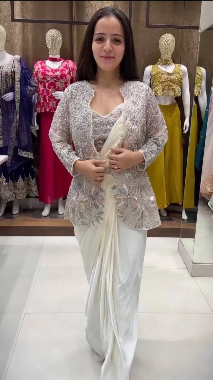 BDB 62 White Ready to Wear Saree with Heavy Embroidered Jacket for Women