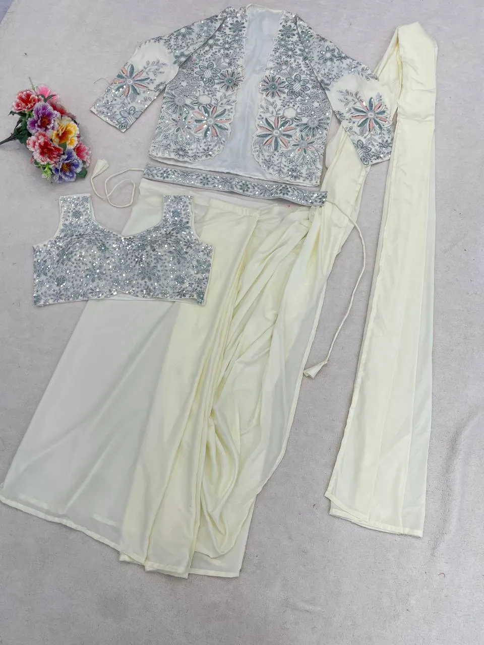 BDB 62 White Ready to Wear Saree with Heavy Embroidered Jacket for Women