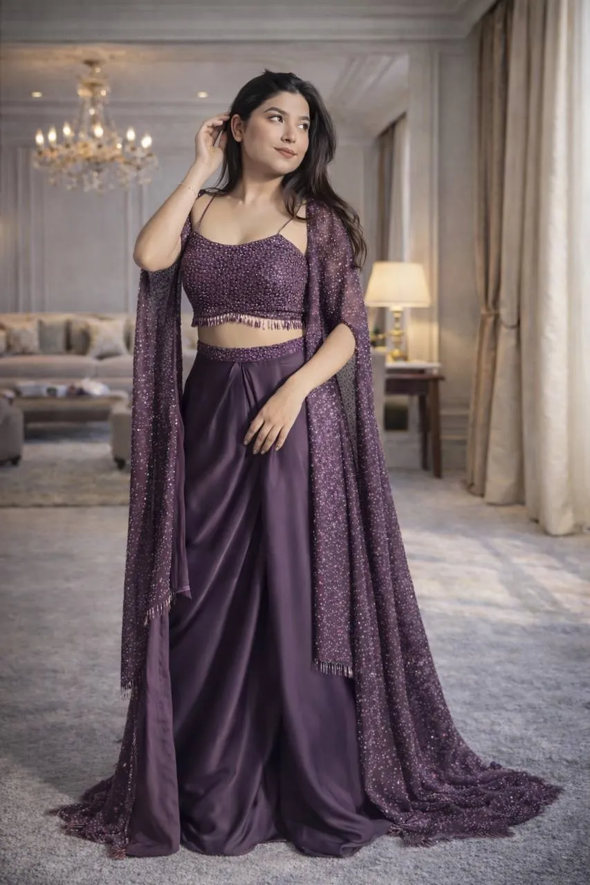 BDB 63 Purple Indo Western Co Ord Set with Sequins Work Cape for Women