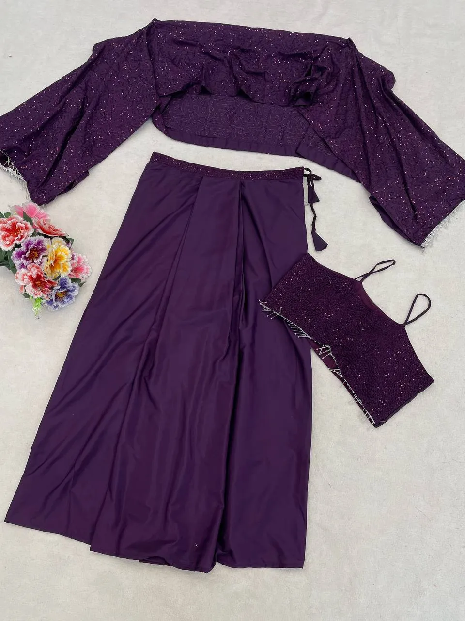 BDB 63 Purple Indo Western Co Ord Set with Sequins Work Cape for Women