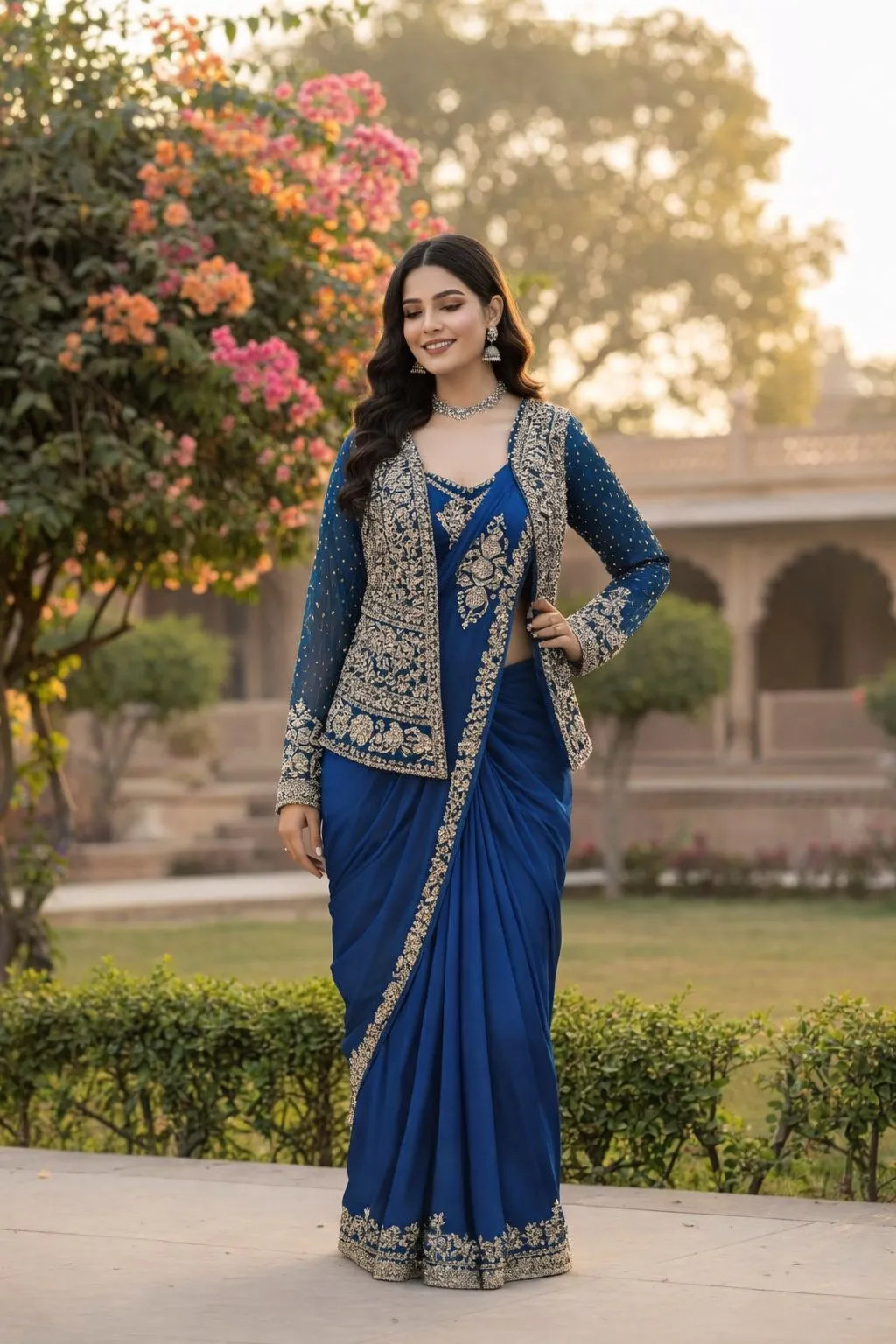 BDB 64 Royal Blue Ready to Wear Saree with Embroidered Jacket Blouse for Women