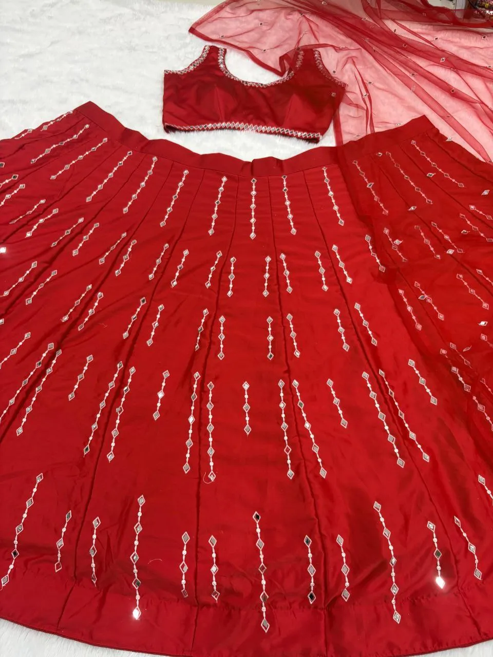 HCR 1119 Red Malai Satin Silk Embroidery Party Wear Lehenga Choli | Mirror Work Designer Lehenga