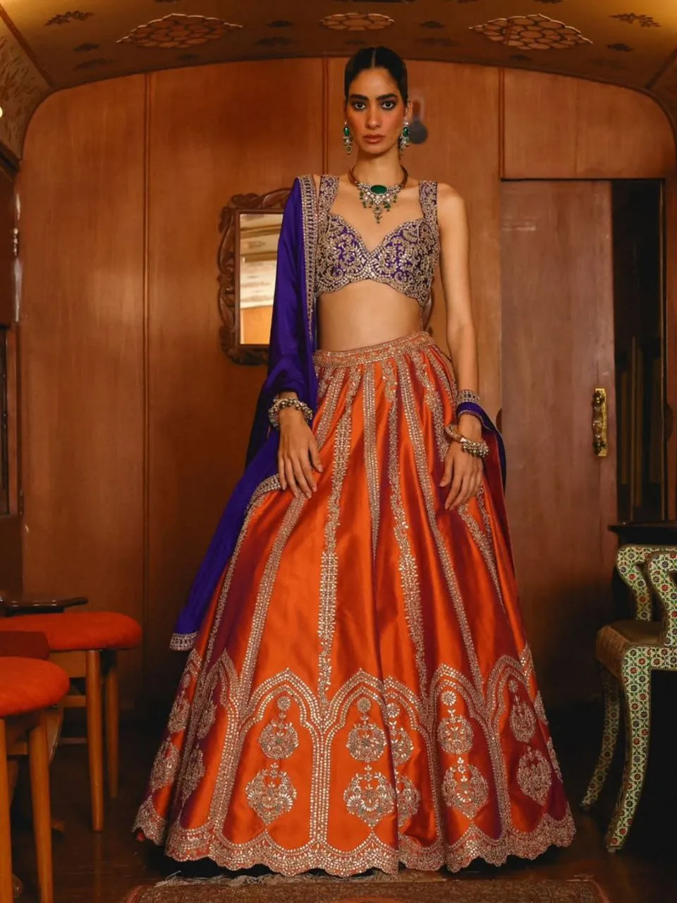 HCR 1120 Orange & Purple Two Tone Silk Embroidery Work Bridal Lehenga Choli | Heavy Sequins Wedding Lehenga
