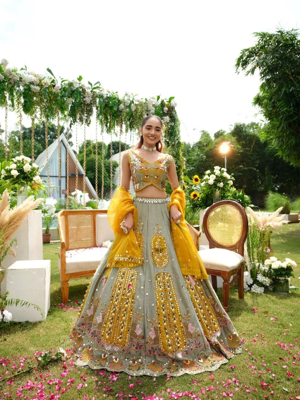 HCR 1121 Sky Blue Slub Silk Mirror Work Lehenga Choli for Women | Heavy Sequins Embroidery Bridal Lehenga