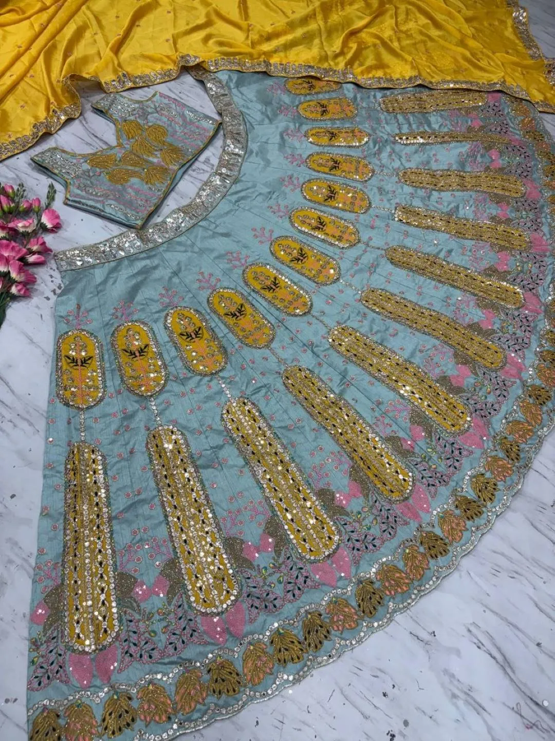 HCR 1121 Sky Blue Slub Silk Mirror Work Lehenga Choli for Women | Heavy Sequins Embroidery Bridal Lehenga