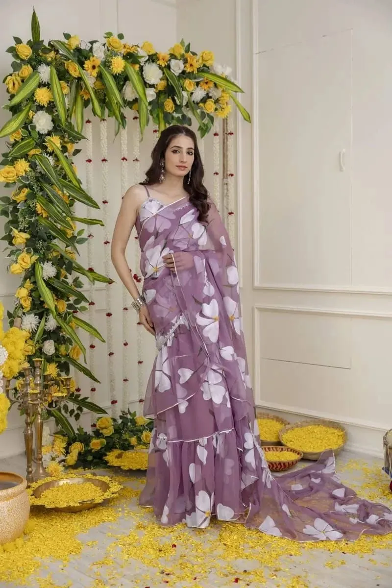 HCR 1132 Purple Floral Printed Ready To Wear Lehenga Saree for Women | Georgette Ruffle Designer Saree