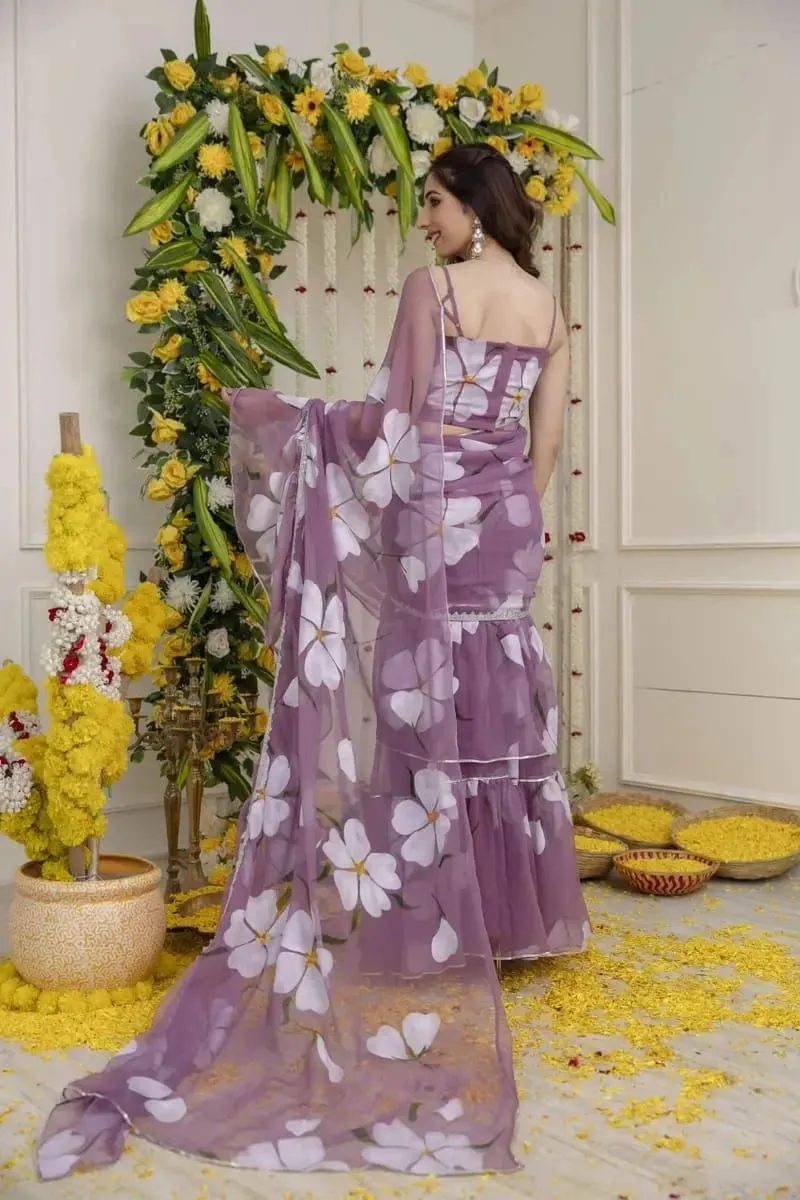 HCR 1132 Purple Floral Printed Ready To Wear Lehenga Saree for Women | Georgette Ruffle Designer Saree