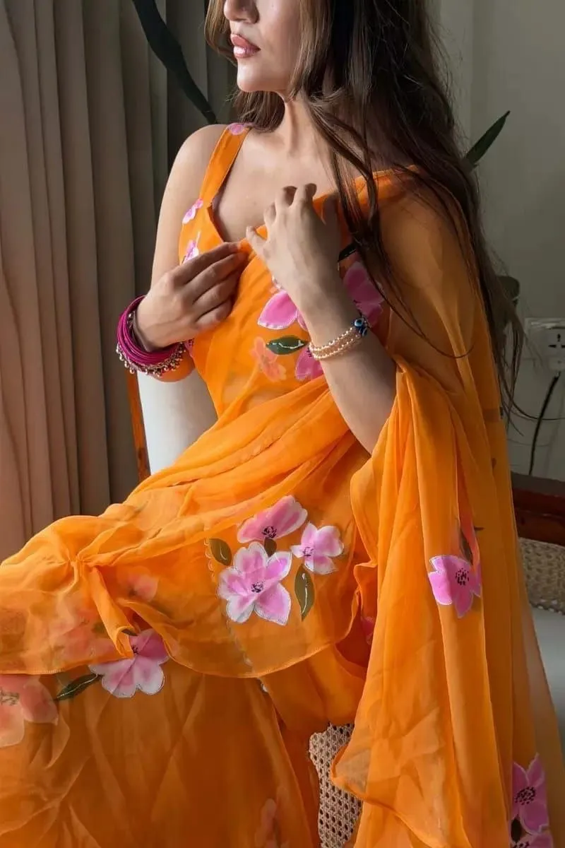HCR 1134 Orange Floral Printed Ruffle Saree for Women | Georgette Ready To Wear Designer Saree