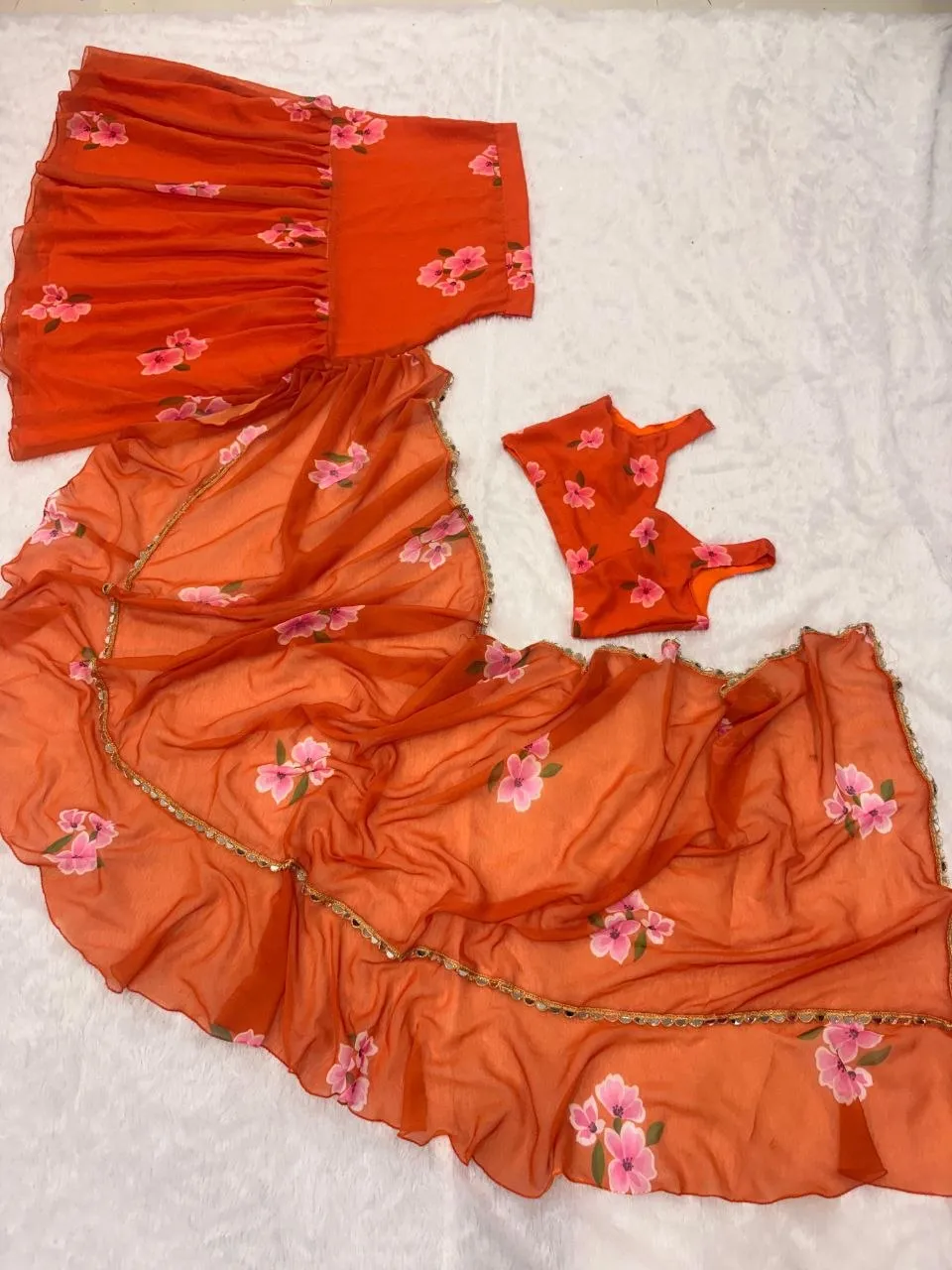HCR 1134 Orange Floral Printed Ruffle Saree for Women | Georgette Ready To Wear Designer Saree