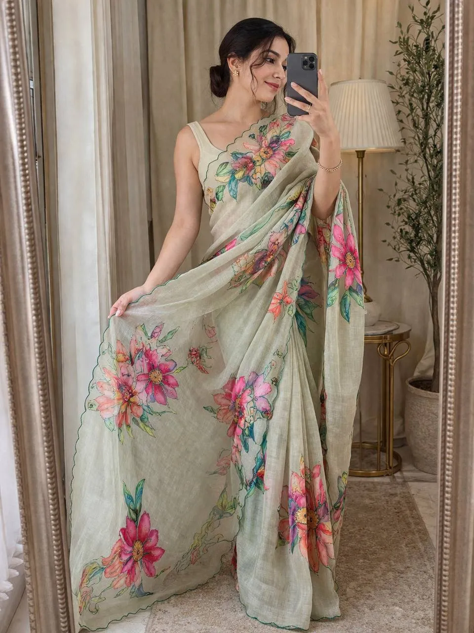 Soft Linen Silk Saree with Floral Print & Khatli Work | Kusum 850 Designer Lightweight Party Wear Saree for Women