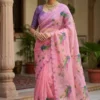 Pink Organza Saree with Bird Print & Embroidery Work | Kusum 851 Designer Festival Wear Saree for Women