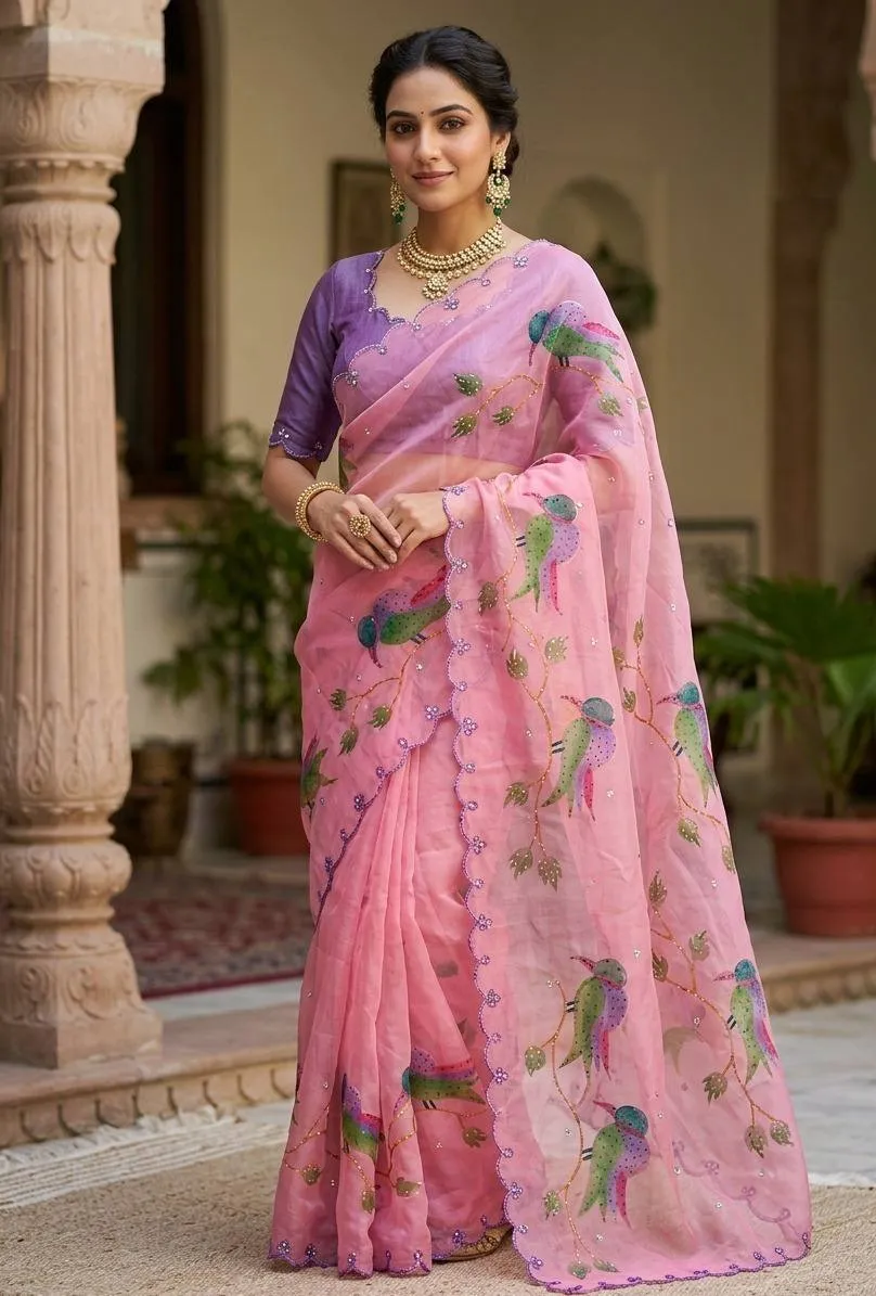 Pink Organza Saree with Bird Print & Embroidery Work | Kusum 851 Designer Festival Wear Saree for Women