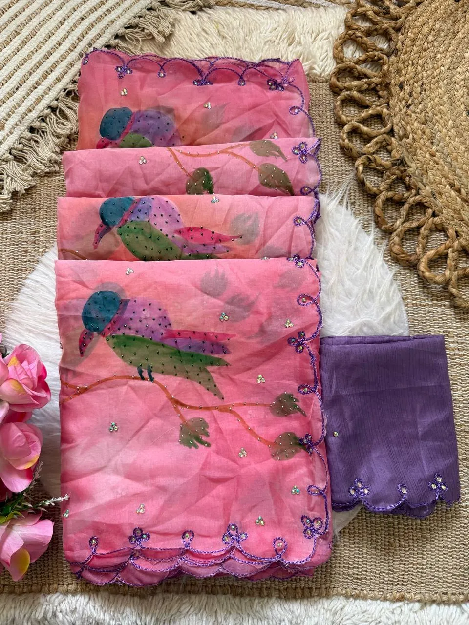Pink Organza Saree with Bird Print & Embroidery Work | Kusum 851 Designer Festival Wear Saree for Women