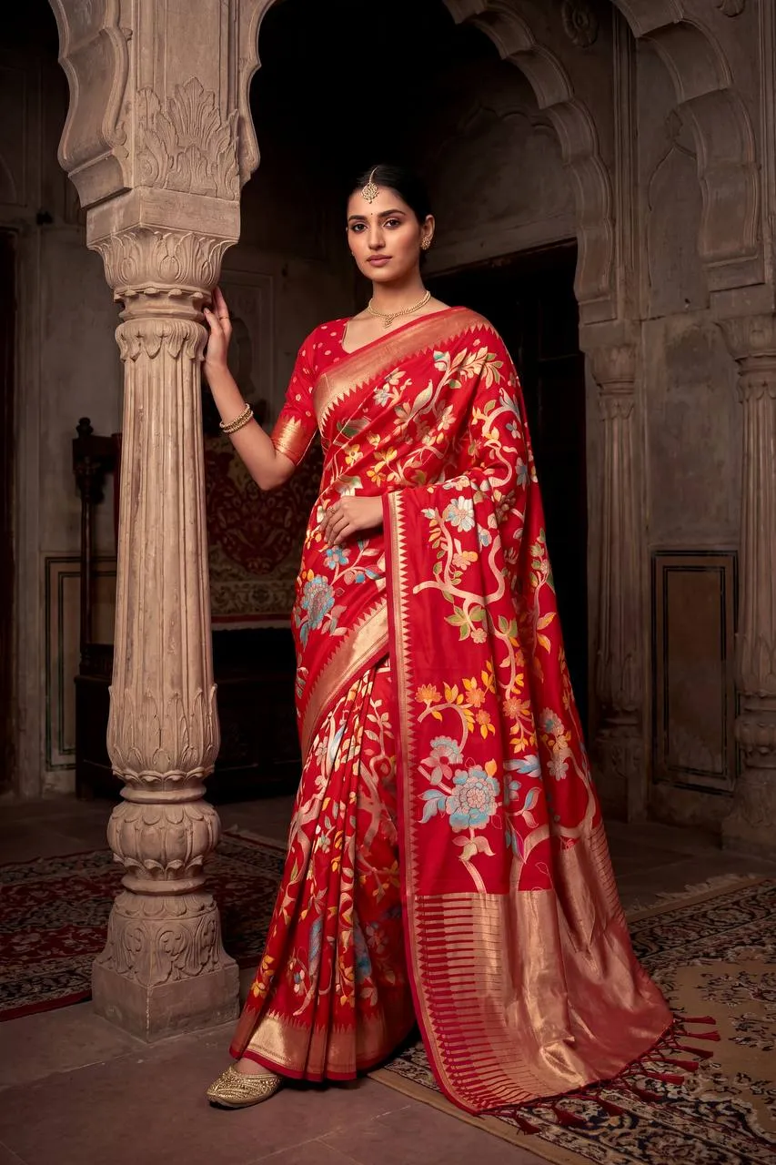Red Crepe Silk Saree with Floral Weaving Work | Laxmi 1086 Designer Wedding & Festival Wear Saree for Women
