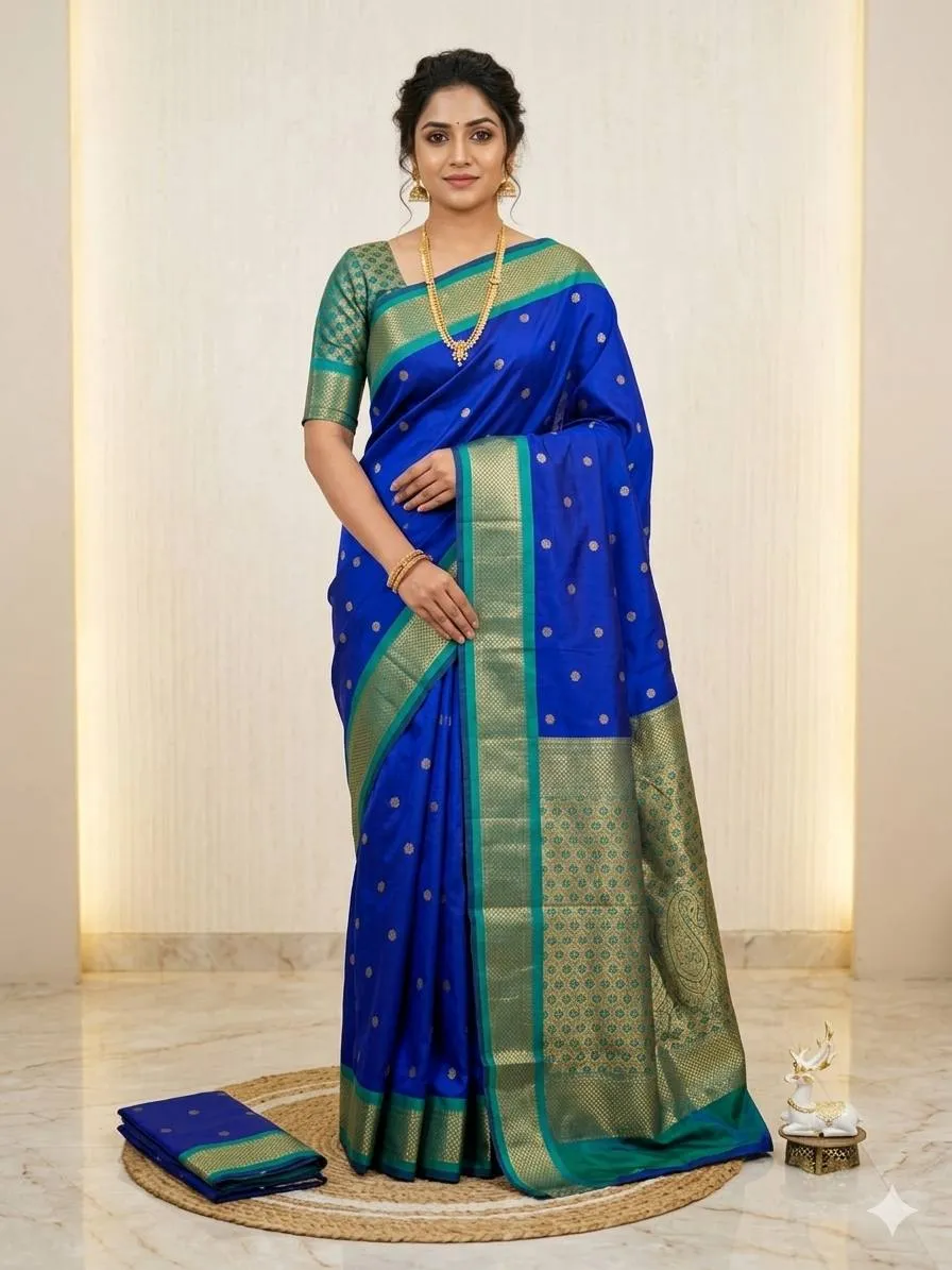 Royal Blue Kanjivaram Silk Saree with Green Border & Golden Zari Work | Laxmi 1087 Traditional Wedding Saree