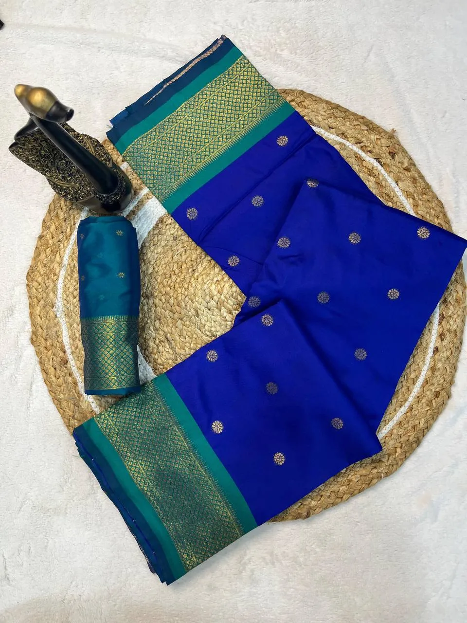 Royal Blue Kanjivaram Silk Saree with Green Border & Golden Zari Work | Laxmi 1087 Traditional Wedding Saree