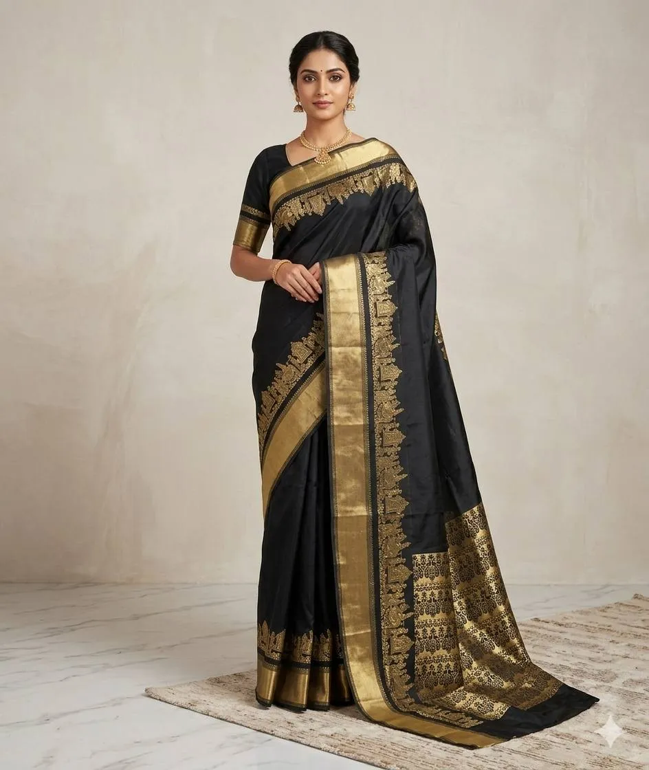 Black Banarasi Lichi Silk Saree with Golden Zari Work | Laxmi 1088 Wedding & Festival Wear Saree for Women