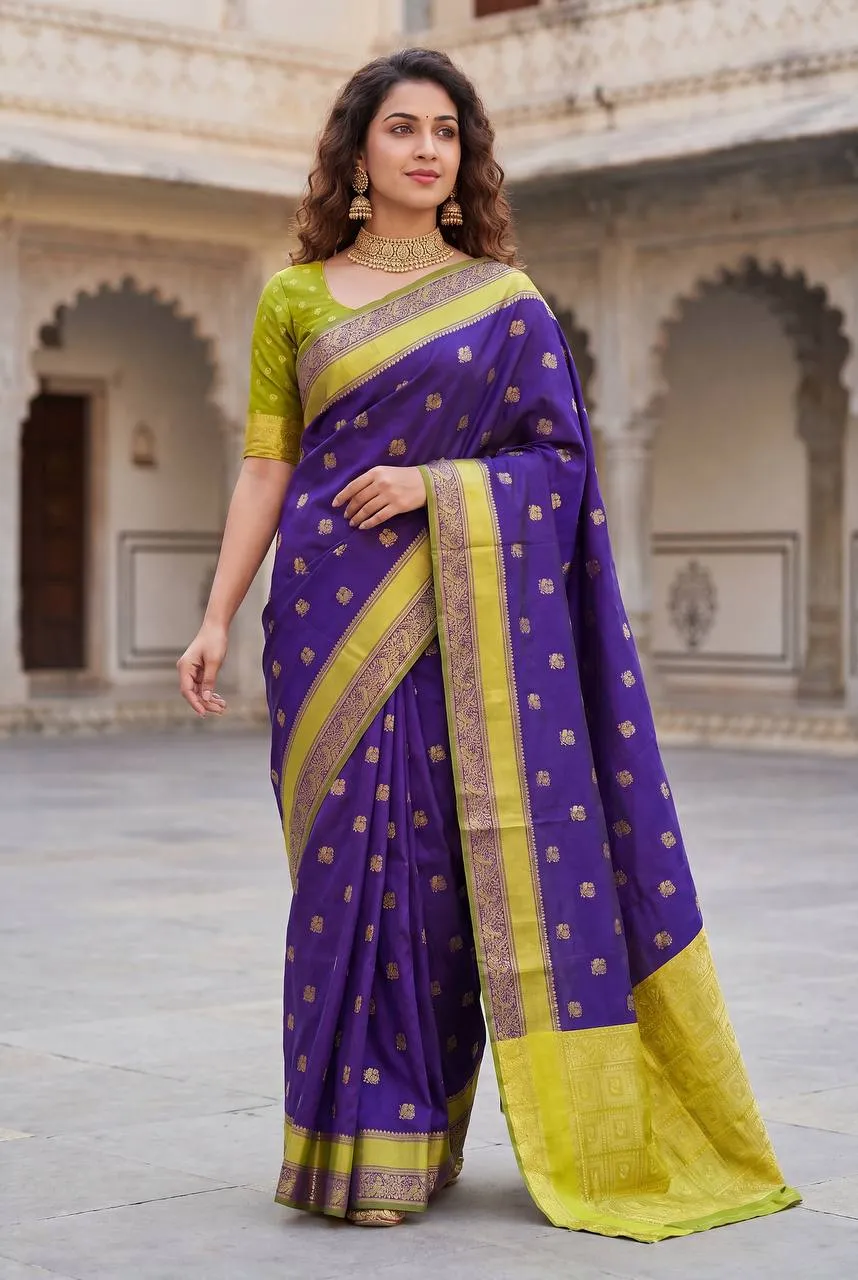 Royal Blue & Lime Green Banarasi Lichi Silk Saree with Golden Zari Work | Laxmi 1091 Wedding Wear Saree for Women