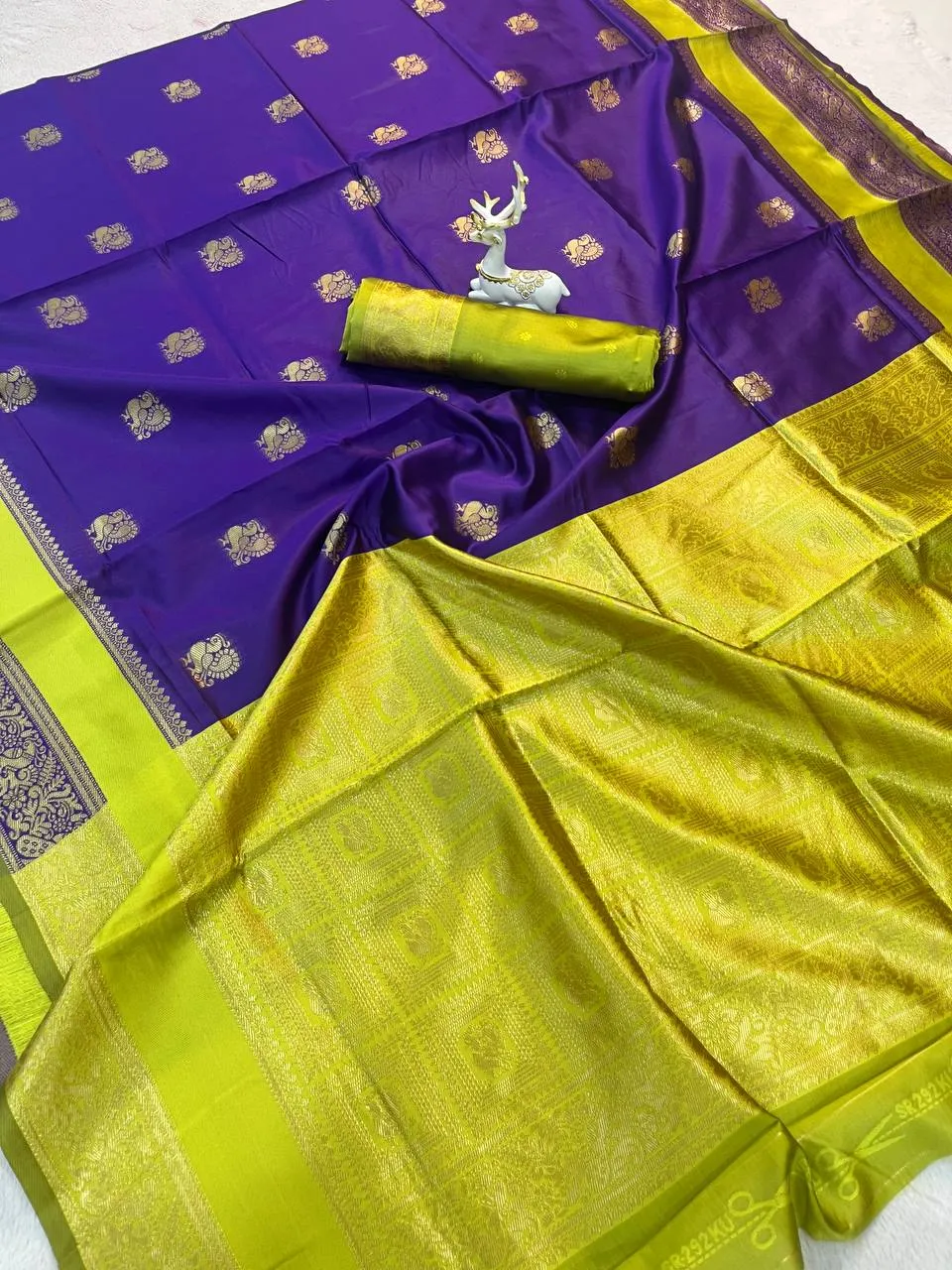 Royal Blue & Lime Green Banarasi Lichi Silk Saree with Golden Zari Work | Laxmi 1091 Wedding Wear Saree for Women