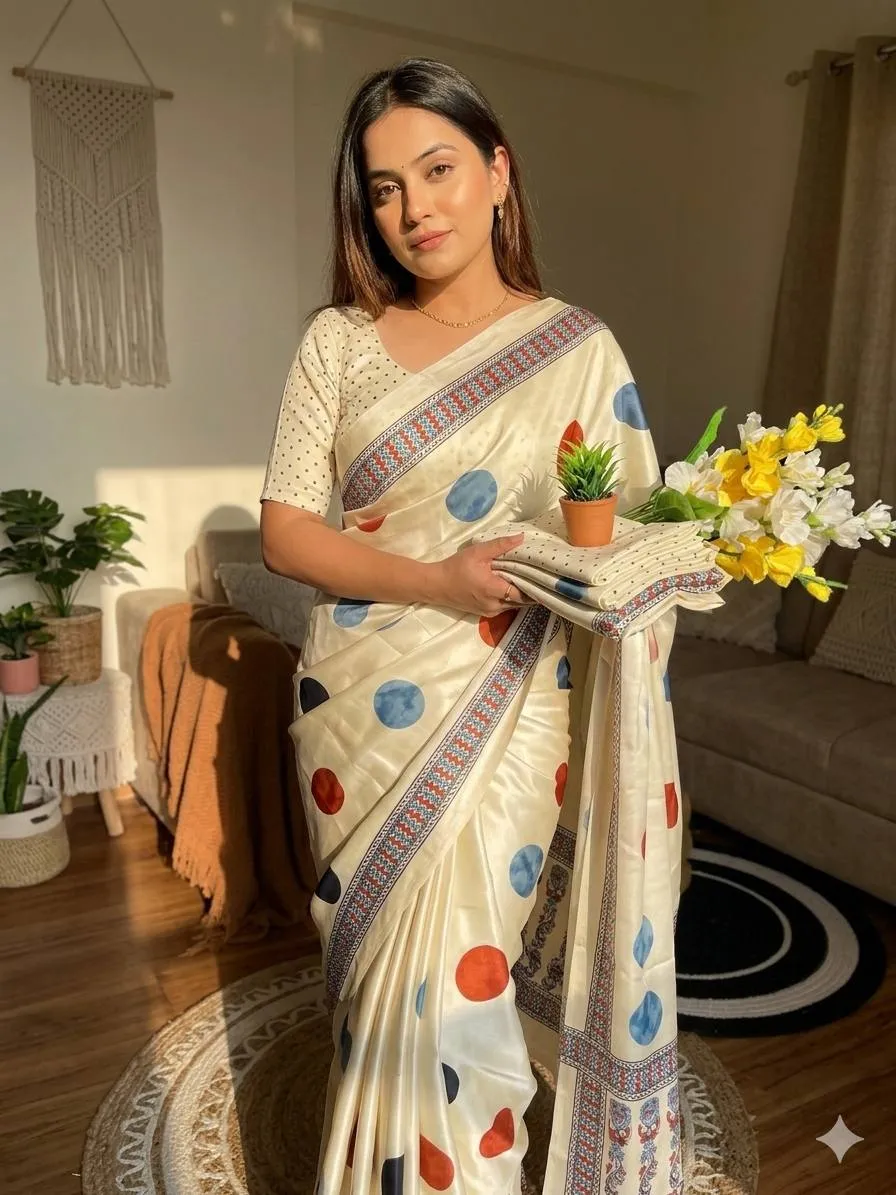 White Satin Silk Saree with Ajrakh Print Border | Laxmi 1103 Designer Party Wear Printed Saree for Women