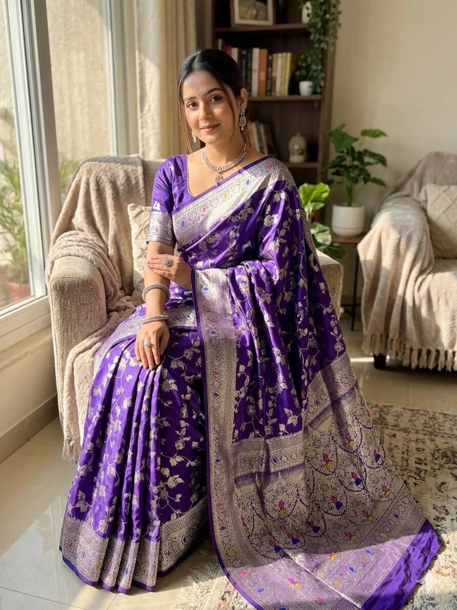 Purple Banarasi Silk Saree with Silver Zari Weaving Work | Laxmi 1106 Designer Wedding Wear Saree for Women