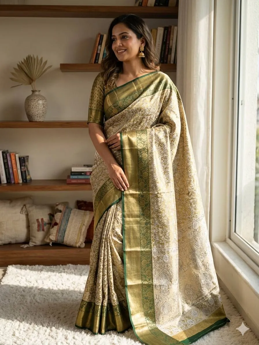 Bottle Green Kanjivaram Silk Saree With Rich Zari Weaving Border & Blouse For Women Laxmi 88